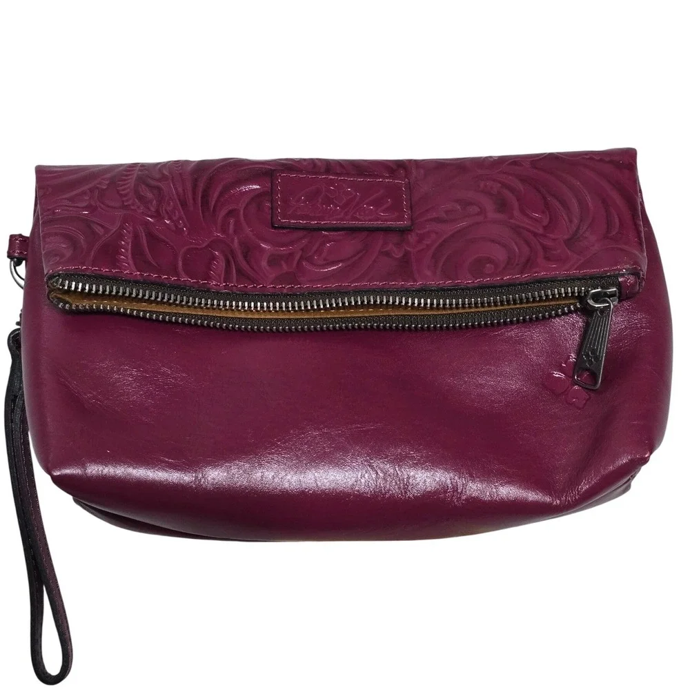 Patricia Nash Valerie Fold-over Wristlet Plum Purple Floral Embossed Leather Bag